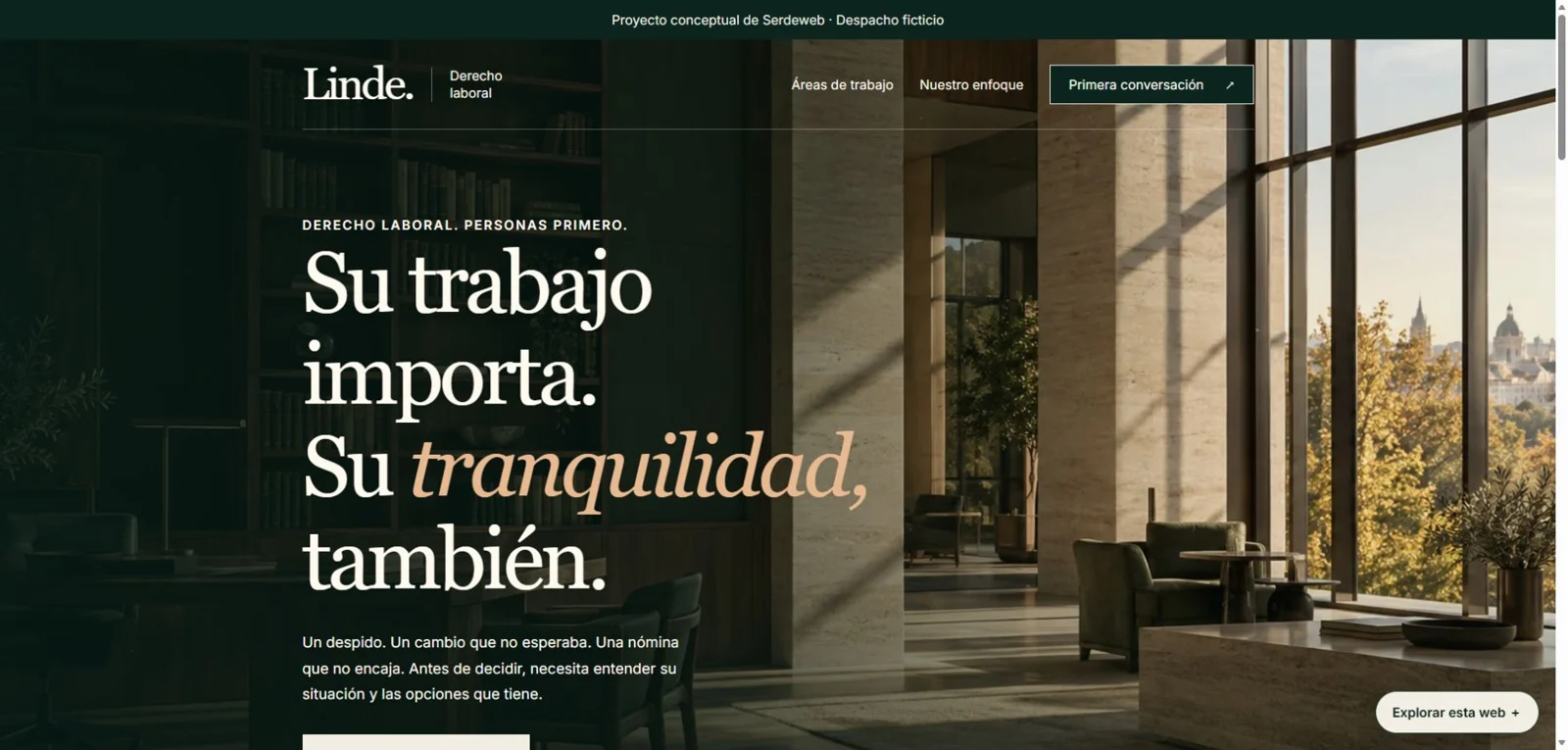 Diseño conceptual de Linde: cabecera con imagen arquitectónica, titulares serif y verde profundo